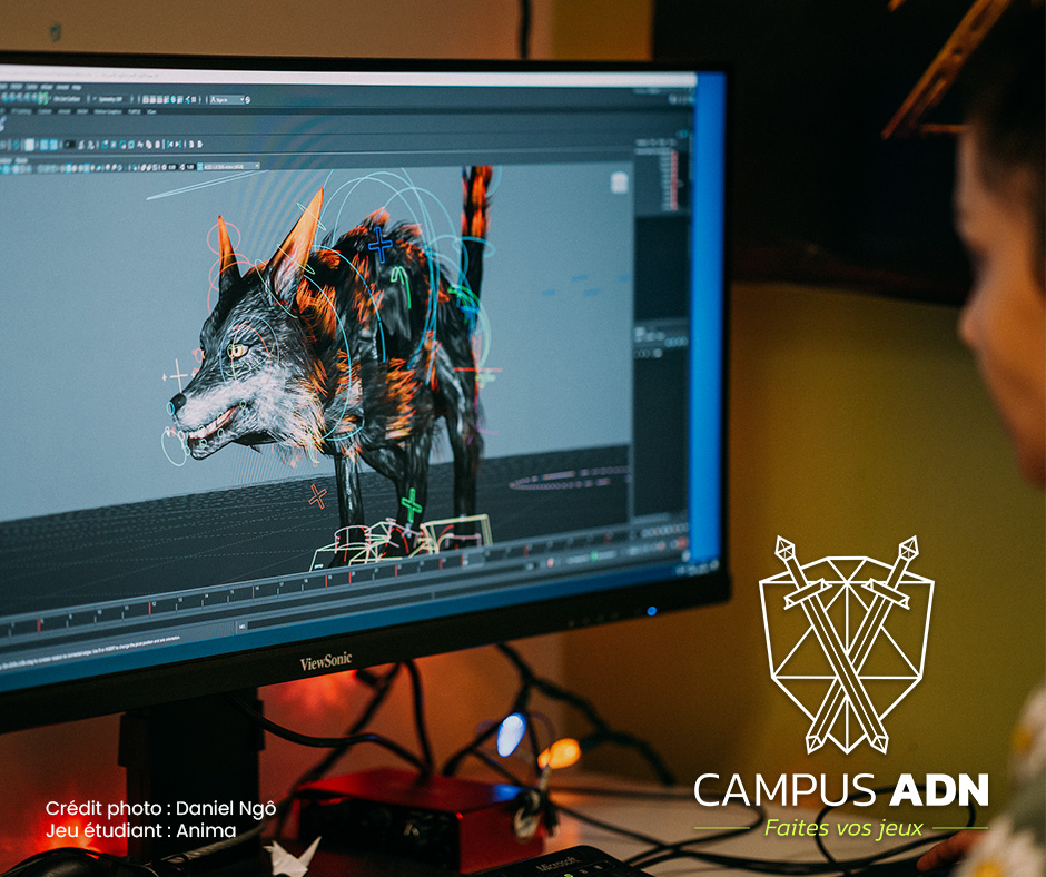 Élève devant un écran faisant une animation 3D d'un loup lors d'un cours d'animation 3D pour les jeux vidéo